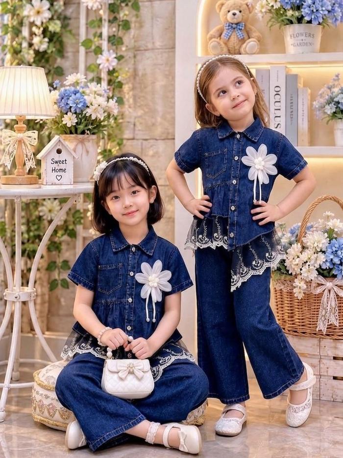 Setelan Jeans Anak Perempuan Korean Style Top Renda Bunga & Celana Kulot Levis / Denim Jeans Premium