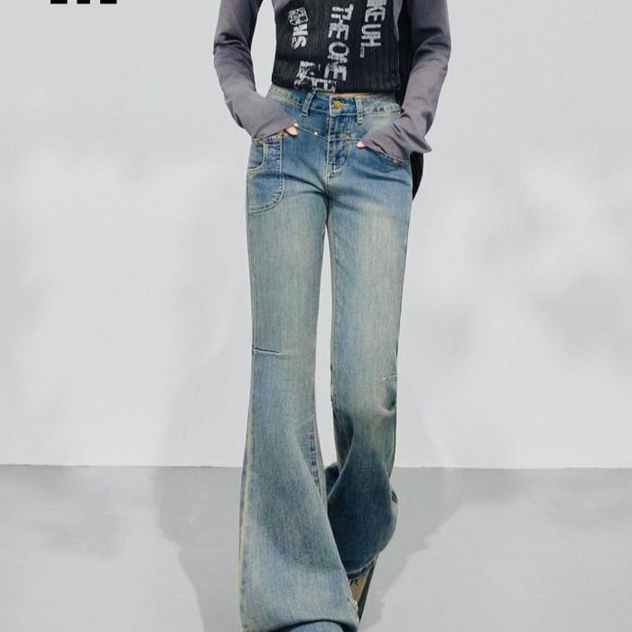 Celana Jeans 8805 High Waist Vintage Fit Denim Soft Blue Model Flare Cutbray Cocok untuk Hangout Kam