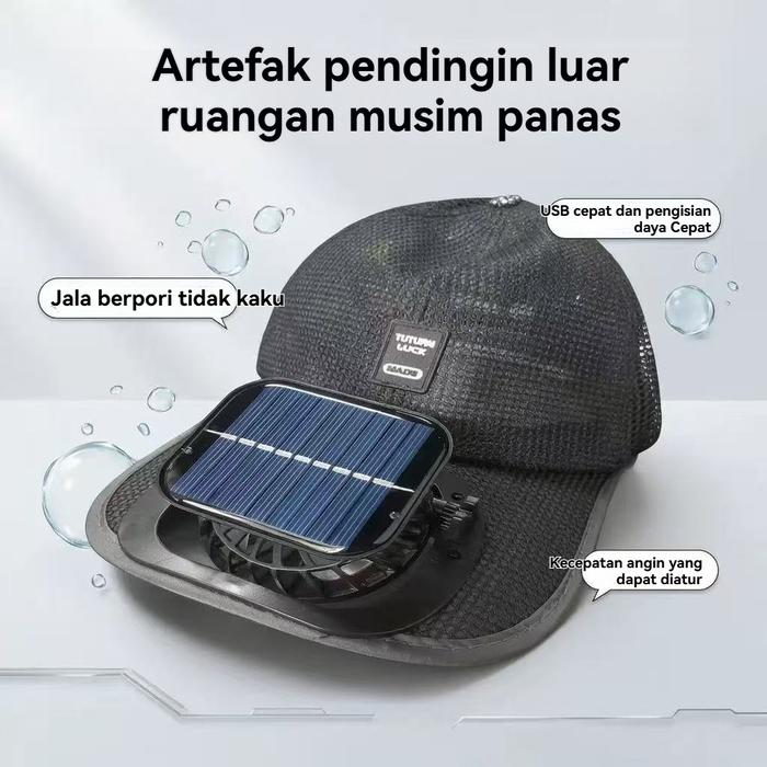 Topi Kipas Angin Mini Tenaga Surya & USB Charger - Pelindung Matahari Multifungsi Portable