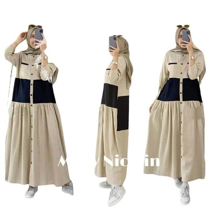 DRESS LEBARAN FUUL KANCING TANGAN PANJANG GAMIS PEREMPUAN MIDI NICOLIN TETA TERVIRAL TERBARU BAJU WA
