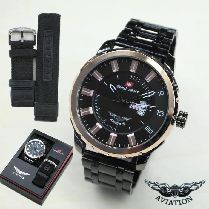 Jam Tangan Super Aviation Swiss Army Pria Double Strap dengan Free Box dan Baterai Cadangan - Kanvas
