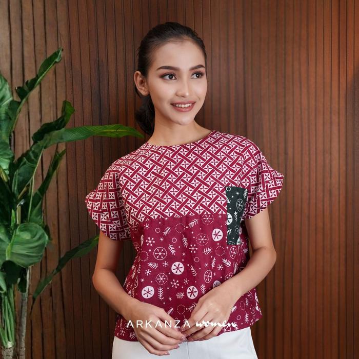 ARKANZA WOMEN Kemeja Batik Cap Celine Anthurium Merah Atasan Wanita Katun  Modern Lengan Pendek Crop