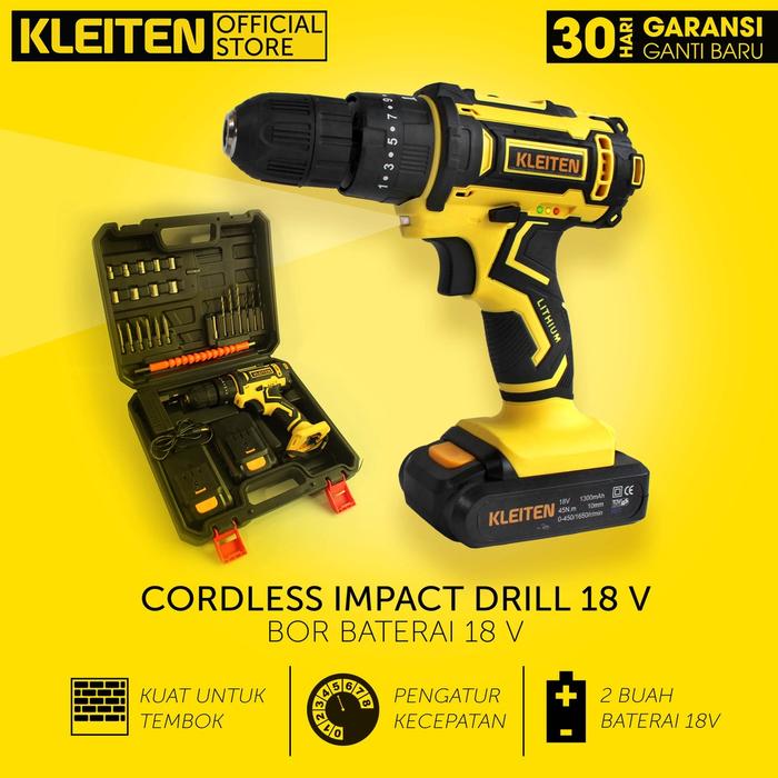 KLEITEN Cordless Impact Drill 18 V Bor Baterai Tembok Set Bor Kayu Besi Tembok Bor Portable