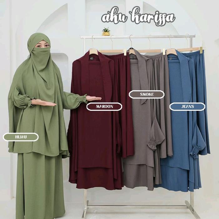 Ahu Harissa SET AFIFAH GAMIS SYARI PREMIUM Dengan Pilihan Warna Hijau Maroon Smoke dan Jeans
