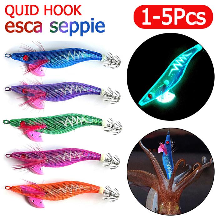 1-5Pcs Squid lure Shrimp Jigs Wood lure Luminous Octopus lures
