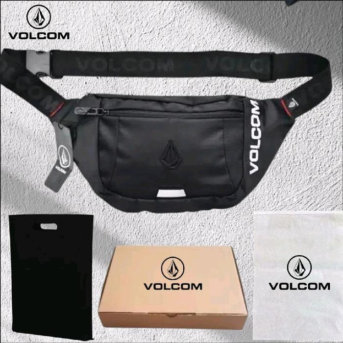 VOLCOM Tas Pinggang Pria Premium Logo Besi Hitam Cordura Waistbag Kompak Praktis untuk Aktivitas Seh
