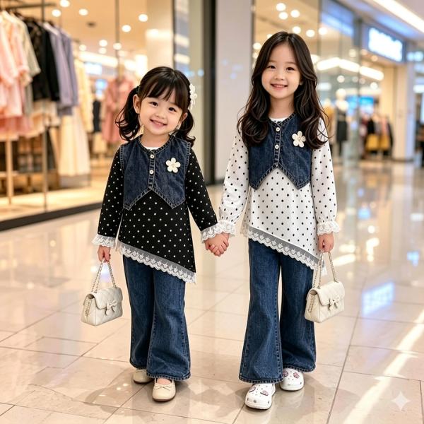 Haruna Setcel Jeans 3in1 Mix Brukat polkadot Anak Perempuan Usia 3 - 12 Tahun - Baju Setelan Anak Mo