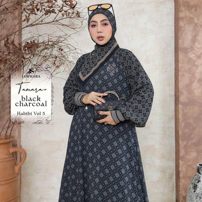 Tamara Series -  JAWHARA - gamis scarf  Mewah Muslim Syari - Black Charcoal, S