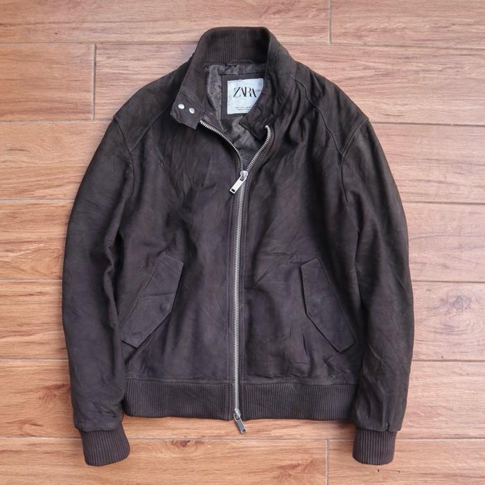 ZARAMAN suede sapi ukuran XL Jaket kulit asli bomber varsity coklat vintage oversize overfit boxy ge