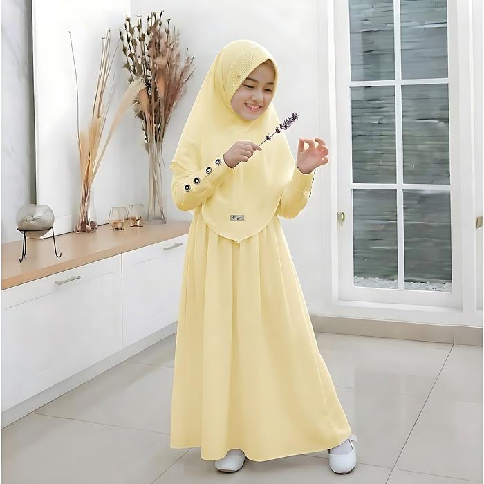 Gamis Anak Perempuan Set Hijab Bergo 5-13 Tahun Baju Muslim Anak Syari Warna Putih Hitam Denim Bata 