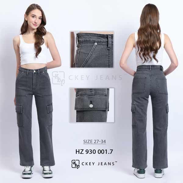 Ckey Celana Jeans Cargo Hhwaist Wanita Stretch
