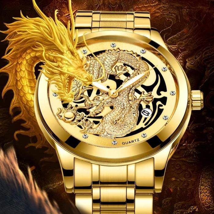 JAM TANGAN PRIA RANTAI FNGEEN ORIGINAL MOTIF DRAGON MURAH NAGA JAM006G1  EMAS GOLD