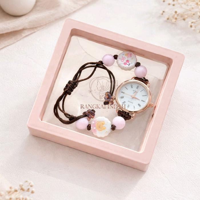 Jam Tangan Wanita Aesthetic + Jam Tangan Handmade Set | Kado Ulang Tahun | Gift Box Cantik Elegan