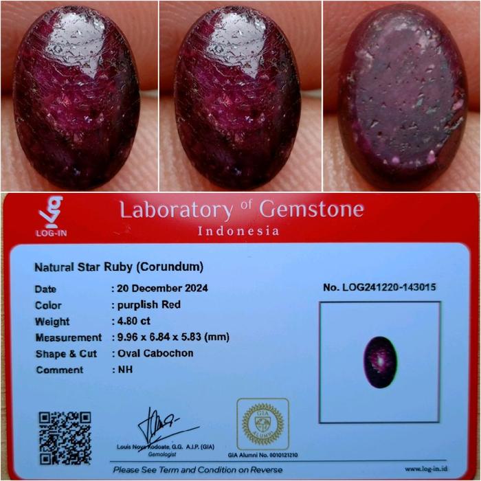 Natural Star Ruby Corundum NTE 4.80 Carats Purplish Red Memo LOG-IN