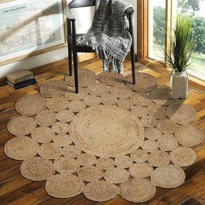 Rug Round Jute Natural Reversible  Handmade Rug Braided Modern Rustic