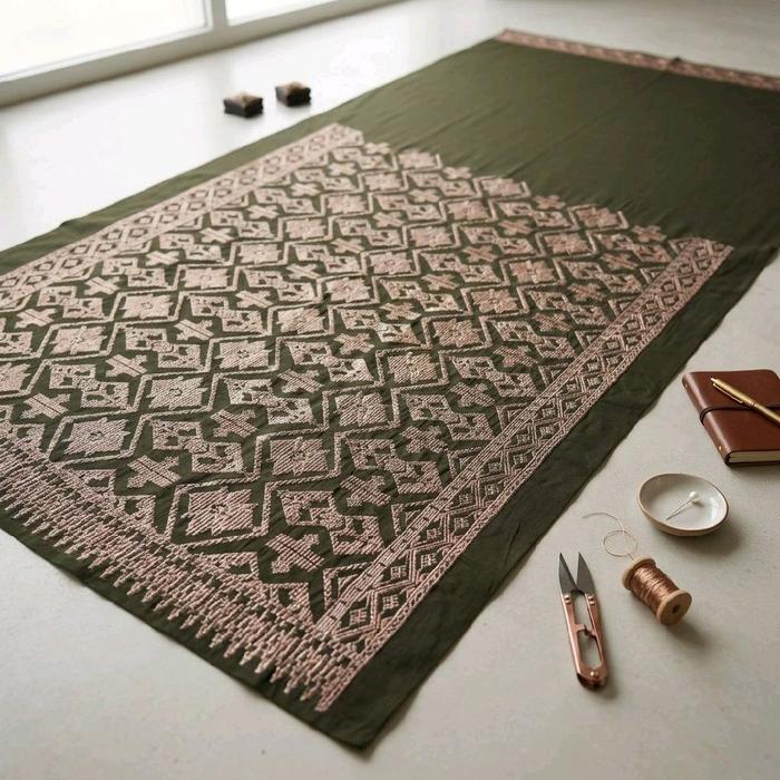 Songket Bordir Lembaran Full Benang Cendana Uk 2 Meter Kamen Bordir Kamen Bali Katun Motif Kristik 2