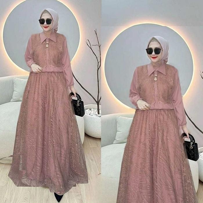 Setelan 2in1 Terbaru Kain Shakila Mix Brukat Tulle Import Premium dengan Desain Rok Berukat Tulle Im