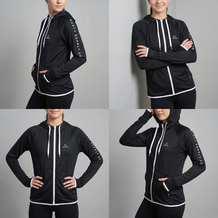 Jaket Sport Wanita Thumbhole RUSTY Running Surfer Hitam-Putih Size M