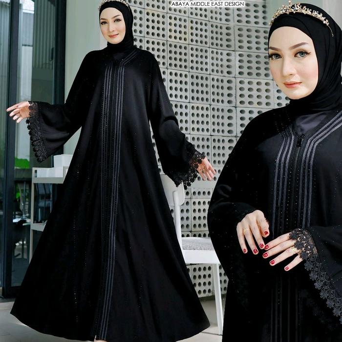 abaya ELSAQOF jetblack saudi outer bahan adem tidak terawang Muslim Wanita Gamis Hitam Remaja Dewasa