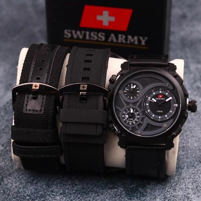 SWISS ARMY INFANTRY - Jam Tangan Pria Fashion Tali Kulit Paket Free Strap Rubber + Tali Kanvas Tripl