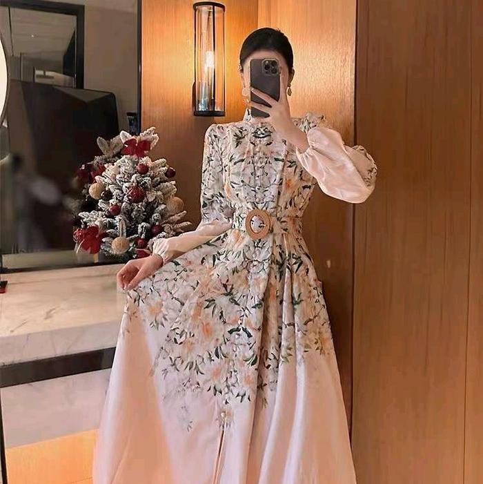 NEW Collection, Long Dress Zimmer Lengan Panjang Import Mewah Best Quality ala Korea Style Pink Flor
