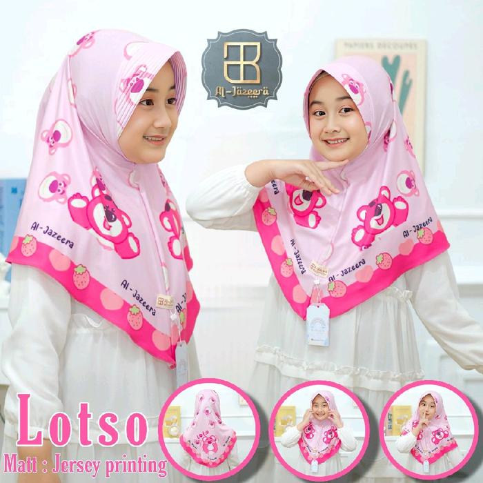 Al-Jazeera Hijab Pr Lotso Matt Jersey Printing Motif Lucu untuk Anak Muslim SD TK Perempuan 3-9 Tahu