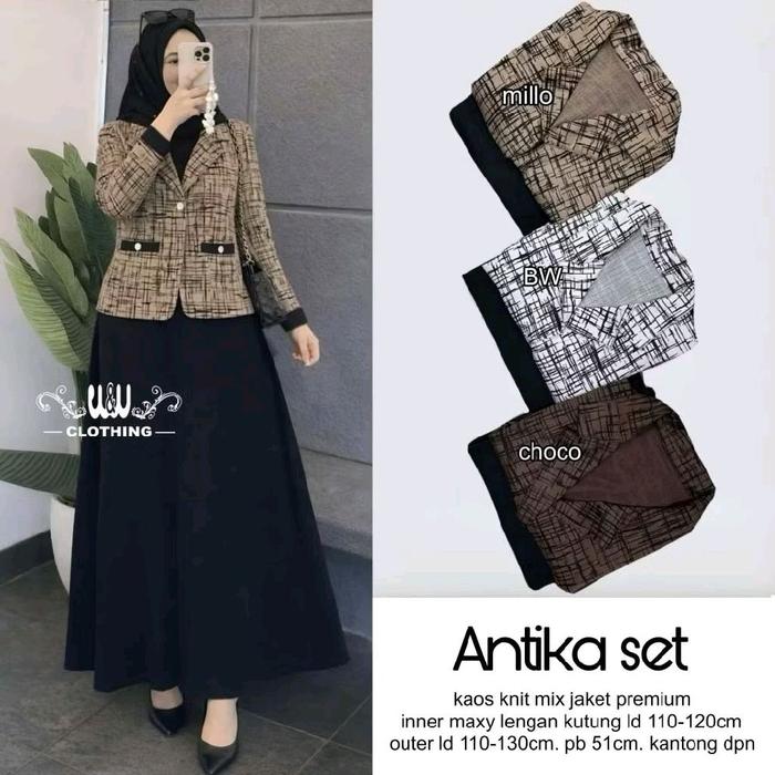 Antika Set Wanita Muslimah Blazer Kotak Premium + Dress Panjang | Outfit Hijab Elegan Modern