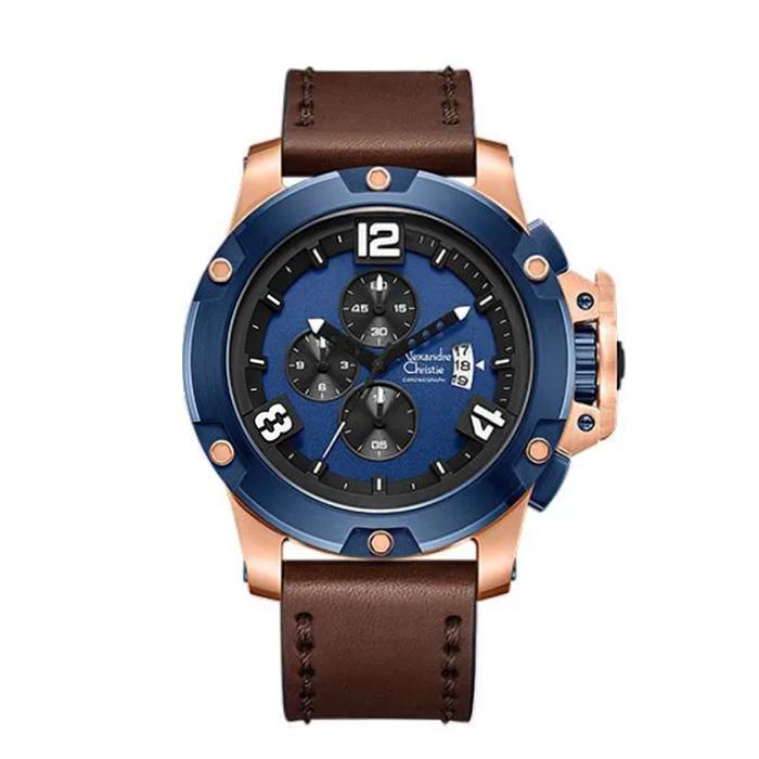 Alexandre Christie AC 6295 Rosegold Blue Brown MCLURBU Jam Tangan Pria Original dengan Tali Kulit Co