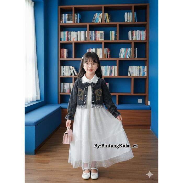 Aurel Gamis Rompi Jeans Usia Anak 3-10 Tahun Bahan Jeans Mix Brukat - Gamis Anak Motif Pita - Gamis 