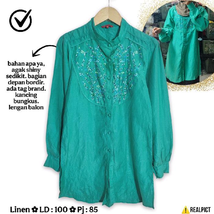 Tunik Lengan Balon Size M Bordir Bunga Brand Premium PREVIEW Itang Yunasz Hijau Glossy Shimmer Mewah