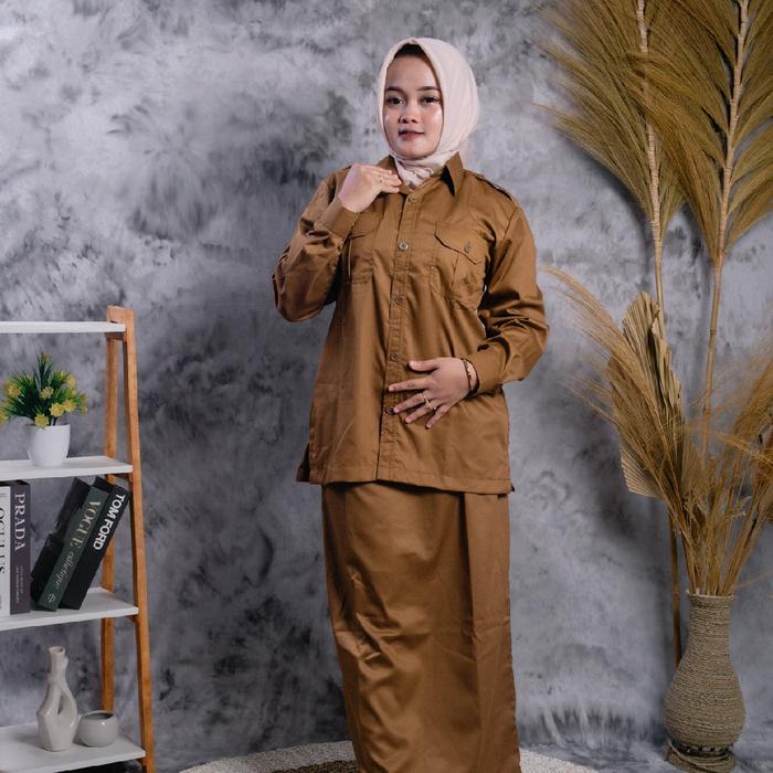 Premium Setelan PDH Baju GURU Wanita ASN Saku Dada - , Warna Khaki Tua, Ukuran S-XXL - Panjang - Ser