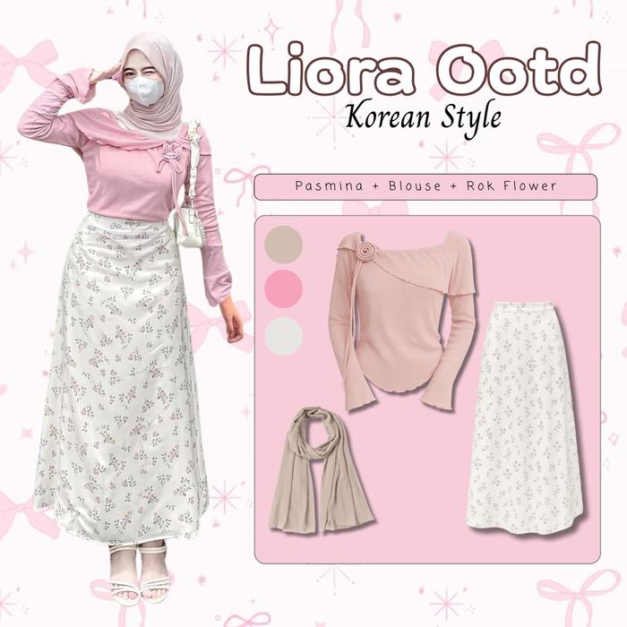 Liora Hijab Outfit Set Remaja 3in 1set Pasmina+Blouse+Rok Flower Casual Kekinian Korean Style Muslim