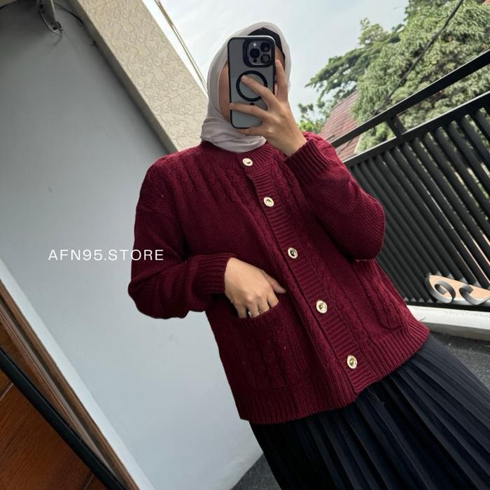 Cardigan Rajut Motif Cable Teressa dengan Saku dan Lengan Balon - Atasan, Nyaman, Knitwear, Baju, Pa