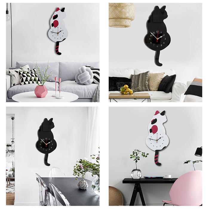 Jam Dinding Bandul Bentuk Kucing Kreatif Jam Dinding Akrilik