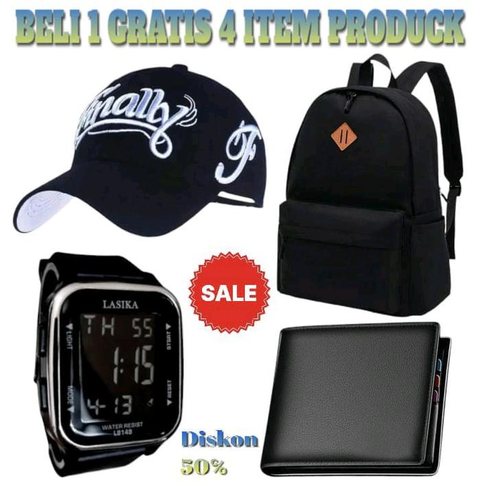 Paket Hemat Beli 1 Gratis 4 Produk Tas Ransel, Jam Tangan, Topi, dan Dompet Pria Wanita Unisex Sekol