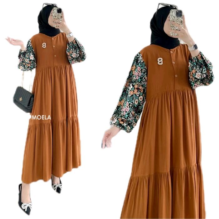 Moela Dress Midi Yifun Motif Kombinasi Rayon Premium Dewasa Kekinian Muslim Wanita Gamis Midi Lebara