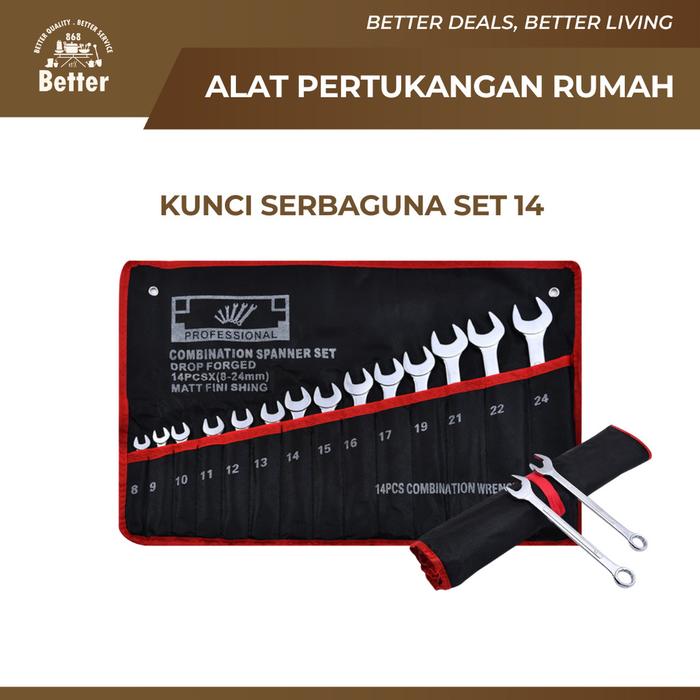 Perkakas Kunci Ring Pas Set 14 Pcs 8-24mm Chrome Vanadium untuk Proyek Harian