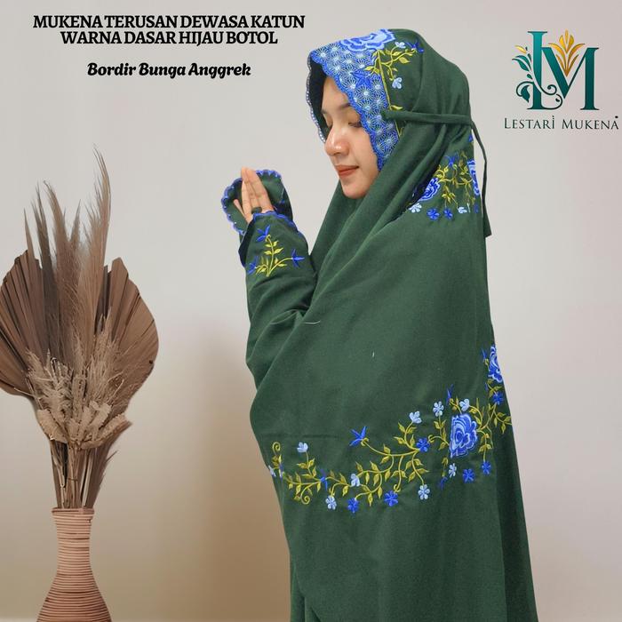 Mukena Terusan Dewasa Bahan Katun Polino Warna Hijau Botol Motif Bordir Bunga Anggrek Indah