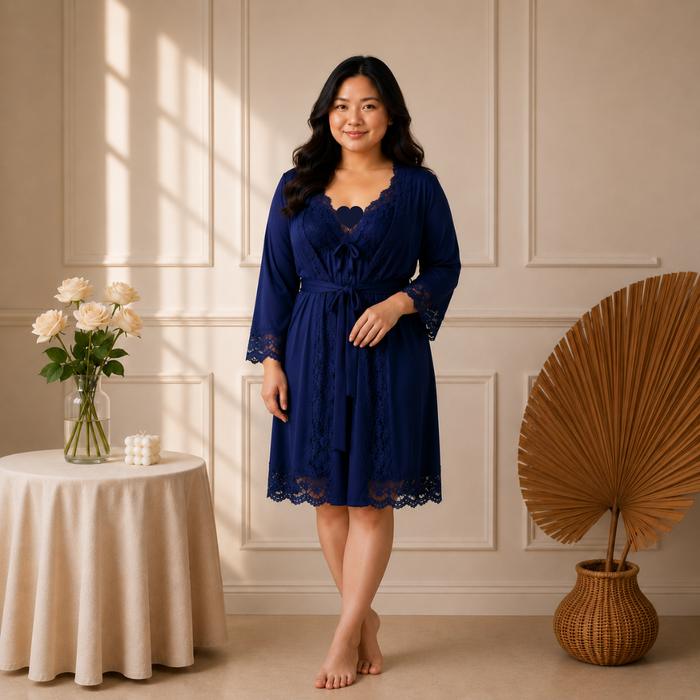 LindaGalz MAIA In Blue Navy 3in1 Pakaian Tidur Wanita Kimono Lingerie Baju Tidur Wanita Dewasa Linge