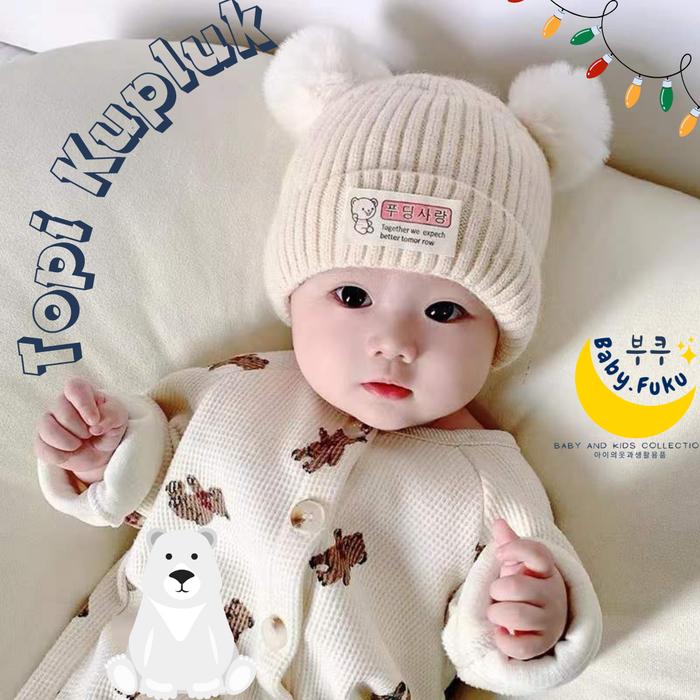 Baby.Fuku Topi Kupluk 2 Ball Bear Kupluk Model Bola Beruang Topi Bayi Kupluk Bayi Bahan Wol Rajut Pr
