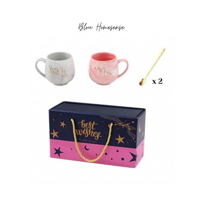 > Set Gelas Mug Marble Couple Mr Mrs Gift Set Hadiah Wedding Hampers Cantik Mewah TIKTOK SUPER