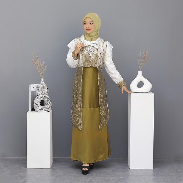 Demore 3in1 Setelan Kebaya Brukat - Donita Set Long Kebaya Renda Tile Rok Outfit Kondangan Wanita El