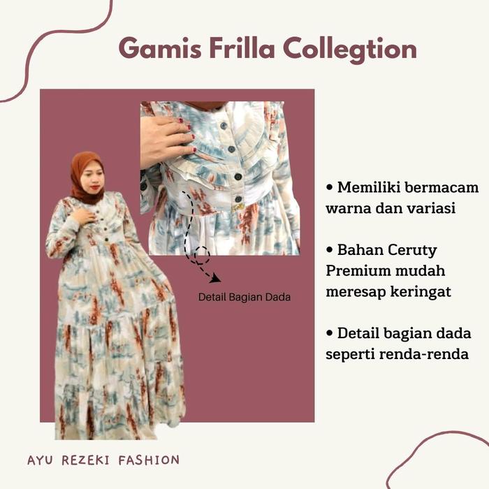 gamis/juba Muslim wanita Dewasa terbaru dari Frilla Collegtion bahan Ceruty halus