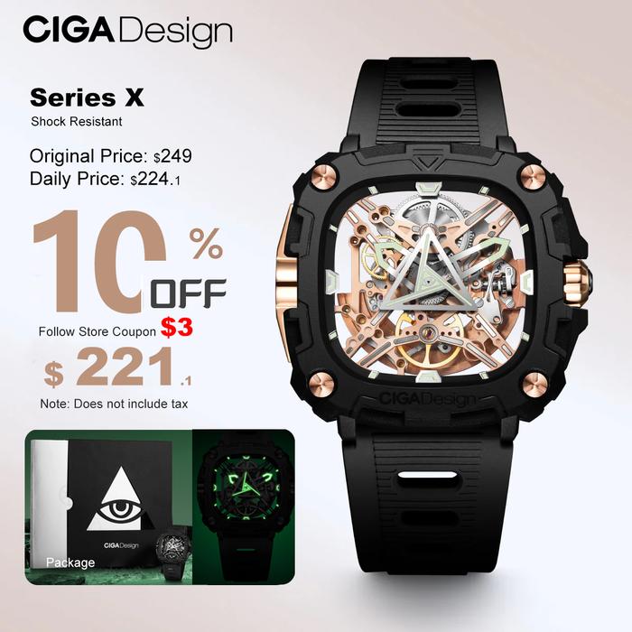 CIGA Design Skeleton Mens Automatic Watches 2025 Series X Eye Of Horus Luminous Square Mechanical Wr