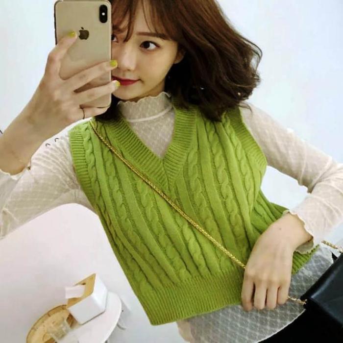 vest rompi baju rajut wanita garis polos warna kuning mustard outer atasan baju kerja tanpa lengan k