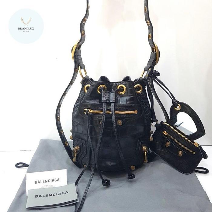 BALENCIAGA LE CAGOLE XS CROCO BLACK BUCKET GHW