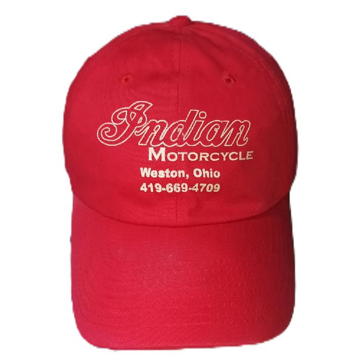 Topi Vintage Merah Indian Motorcycle Weston, Ohio dan Nomor 419-669-4709