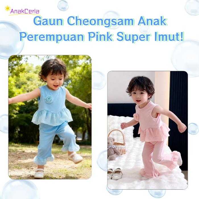 AnakCeria dress anak sehari hari Gadis Lace Leather Set Pink Biru Dua Warna Cute Putri Angin Set Ana