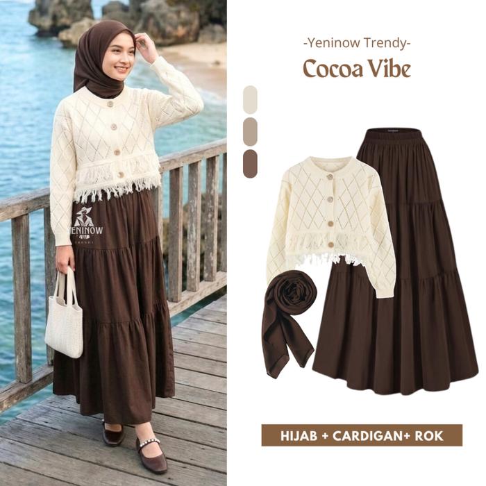 NEW One Set Lengkap Hijab Style - Cocoa Vibe Cardigan Rawis, Rok Susun Coklat, Jilbab Segiempat Sete