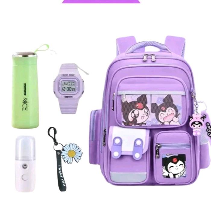 Tas Ransel KUROMI KIDS Bags Tas Sekolah Anak Free BOTOL Jam Tangan NANO SPRAY Dan Gantungan Lucu BIS
